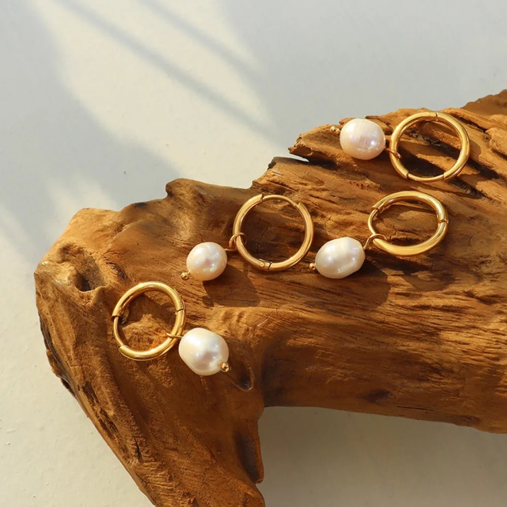 Retro Freshwater Pearl Hoop Earrings – 18K Gold - Plated Titanium Steel Jewelry - Looma Tribe